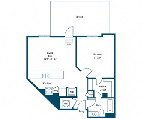 Floor plan for 1 bed, 1 bath, 729 sqft
