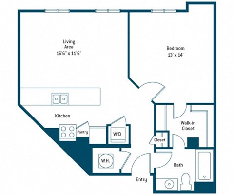 Floor plan for 1 bed, 1 bath, 729 sqft