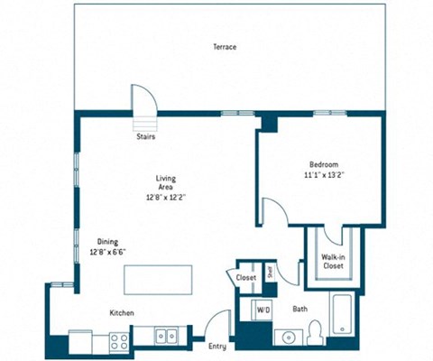 Floor plan for 1 bed, 1 bath, 799 sqft