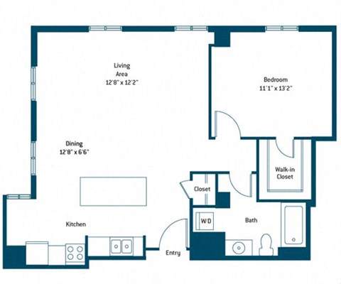 Floor plan for 1 bed, 1 bath, 799 sqft