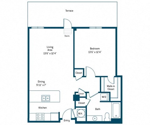 Floor plan for 1 bed, 1 bath, 811 sqft