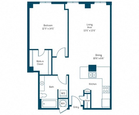 Floor plan for 1 bed, 1 bath, 872 sqft