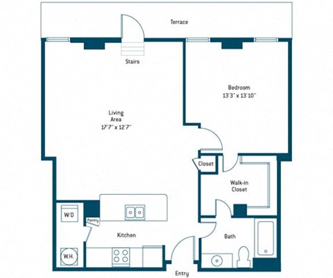 Floor plan for 1 bed, 1 bath, 880 sqft