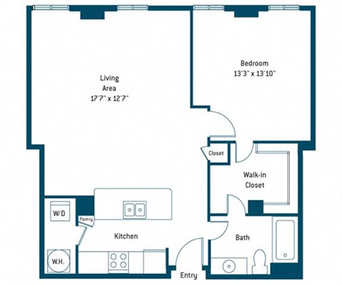Floor plan for 1 bed, 1 bath, 880 sqft