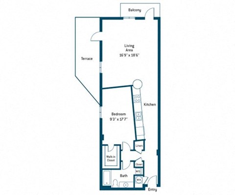 Floor plan for 1 bed, 1 bath, 886 sqft
