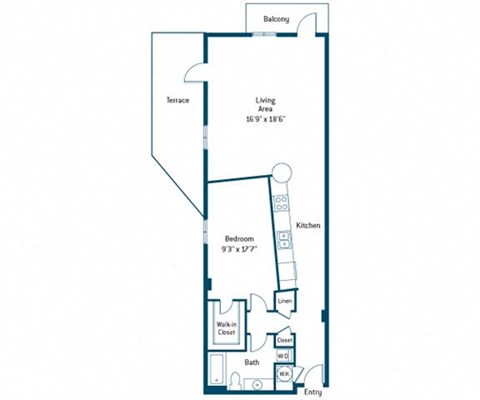 Floor plan for 1 bed, 1 bath, 886 sqft