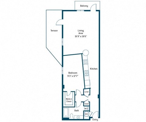 Floor plan for 1 bed, 1 bath, 886 sqft
