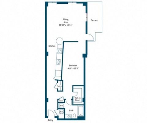 Floor plan for 1 bed, 1 bath, 901 sqft