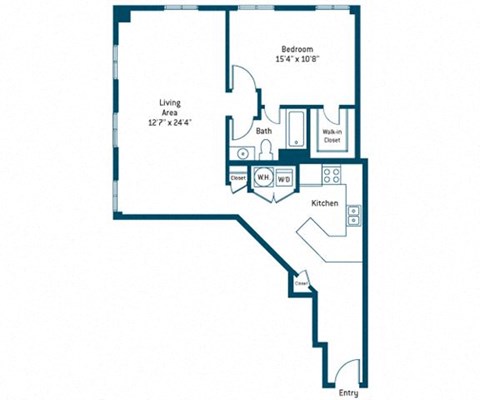Floor plan for 1 bed, 1 bath, 913 sqft