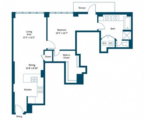Floor plan for 1 bed, 1 bath, 915 sqft