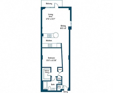 Floor plan for 1 bed, 1 bath, 915 sqft