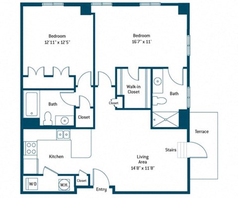 Floor plan for 2 beds, 2 baths, 1031 sqft