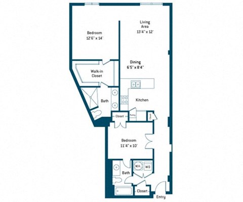 Floor plan for 2 beds, 2 baths, 1114 sqft