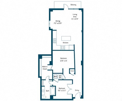 Floor plan for 2 beds, 1 bath, 1124 sqft