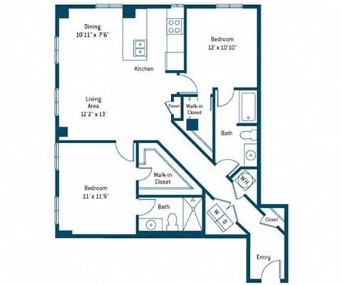 Floor plan for 2 beds, 2 baths, 1129 sqft
