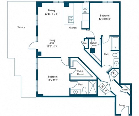 Floor plan for 2 beds, 2 baths, 1129 sqft
