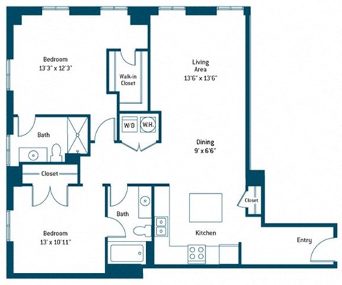 Floor plan for 2 beds, 2 baths, 1139 sqft