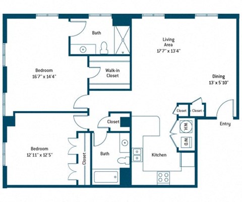 Floor plan for 2 beds, 2 baths, 1169 sqft