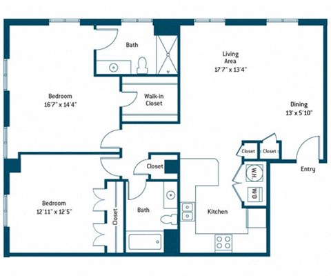 Floor plan for 2 beds, 2 baths, 1169 sqft