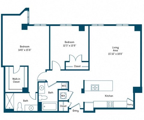 Floor plan for 2 beds, 2 baths, 1200 sqft