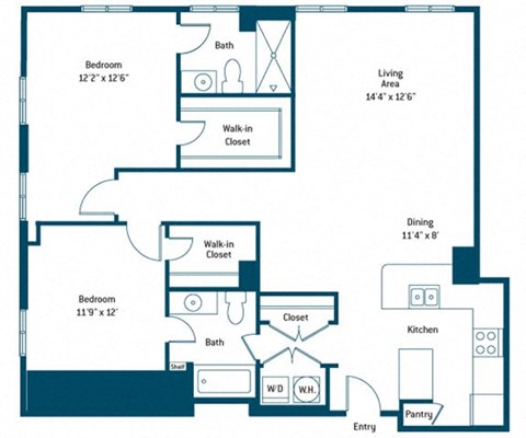 Floor plan for 2 beds, 2 baths, 1221 sqft