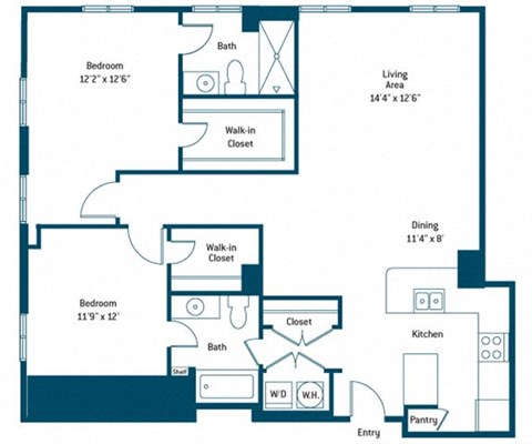 Floor plan for 2 beds, 2 baths, 1221 sqft