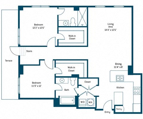 Floor plan for 2 beds, 2 baths, 1221 sqft