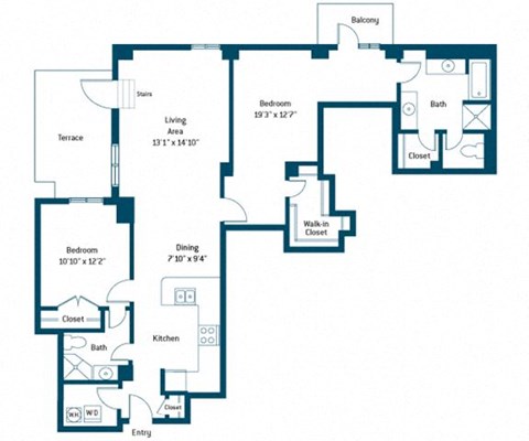 Floor plan for 2 beds, 2 baths, 1270 sqft