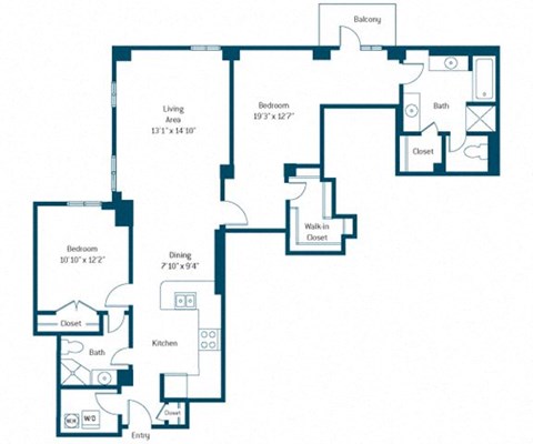 Floor plan for 2 beds, 2 baths, 1270 sqft