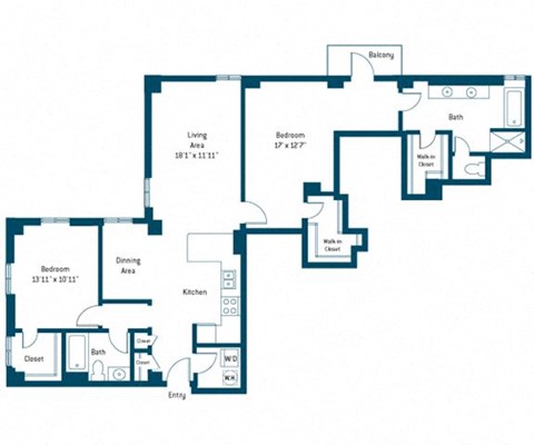 Floor plan for 2 beds, 2 baths, 1381 sqft
