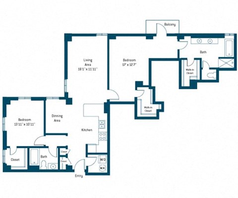 Floor plan for 2 beds, 2 baths, 1381 sqft