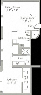 Floor plan for 1 bed, 1 bath, 1087 sqft