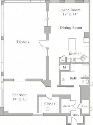 Floor plan for 1 bed, 1 bath, 1116 sqft