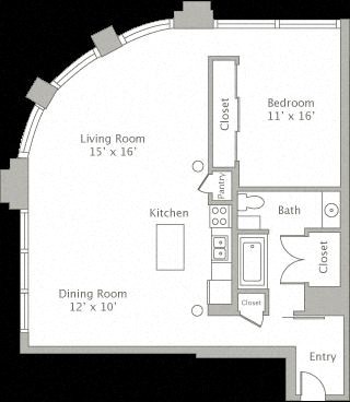 Floor plan for 1 bed, 1 bath, 1124 sqft