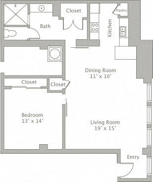 Floor plan for 1 bed, 1 bath, 1164 sqft