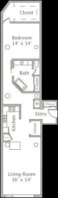 Floor plan for 1 bed, 1 bath, 1201 sqft
