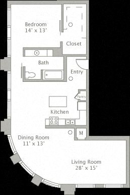 Floor plan for 1 bed, 1 bath, 1250 sqft