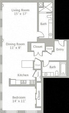 Floor plan for 1 bed, 2 baths, 1100 sqft