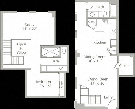 Floor plan for 1 bed, 2 baths, 1381 sqft