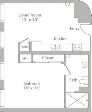 Floor plan for 1 bed, 1 bath, 627 sqft