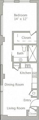 Floor plan for 1 bed, 1 bath, 725 sqft