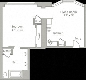 Floor plan for 1 bed, 1 bath, 727 sqft