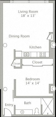 Floor plan for 1 bed, 1 bath, 734 sqft