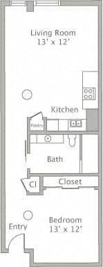 Floor plan for 1 bed, 1 bath, 736 sqft