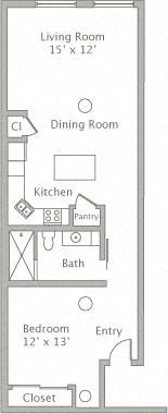 Floor plan for 1 bed, 1 bath, 753 sqft
