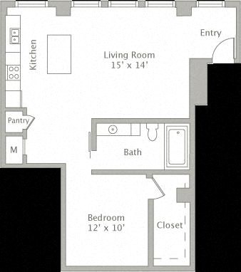 Floor plan for 1 bed, 1 bath, 764 sqft