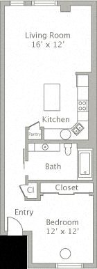 Floor plan for 1 bed, 1 bath, 765 sqft