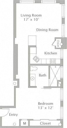 Floor plan for 1 bed, 1 bath, 828 sqft
