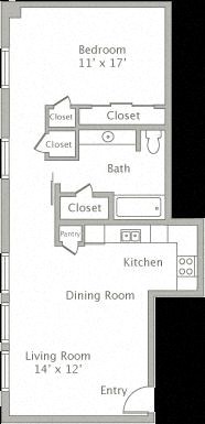 Floor plan for 1 bed, 1 bath, 847 sqft
