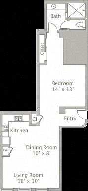 Floor plan for 1 bed, 1 bath, 880 sqft